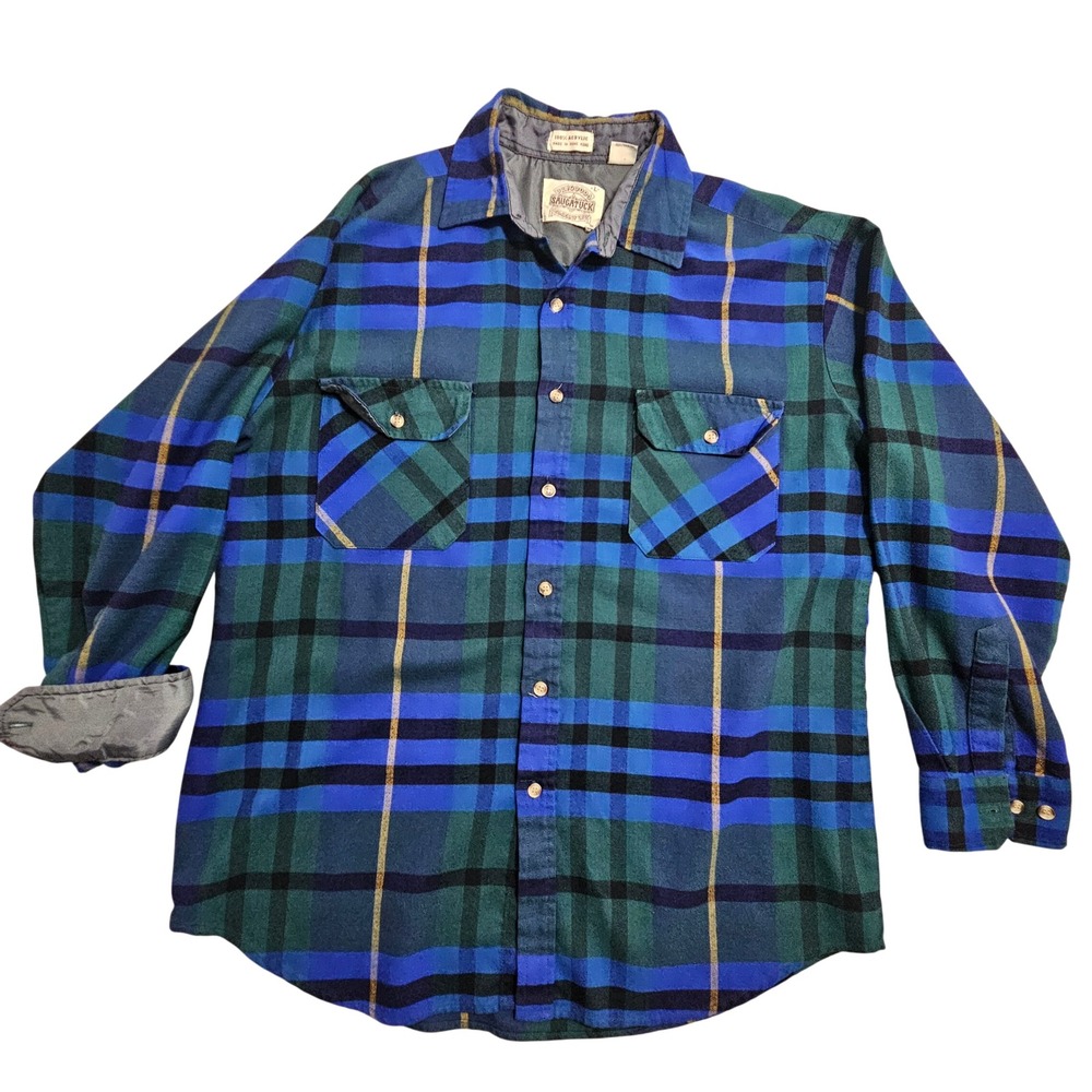 Saugatuck Flannel Shirt Mens L‎ Blue Green Plaid Acrylic Vintage Long Sleeve